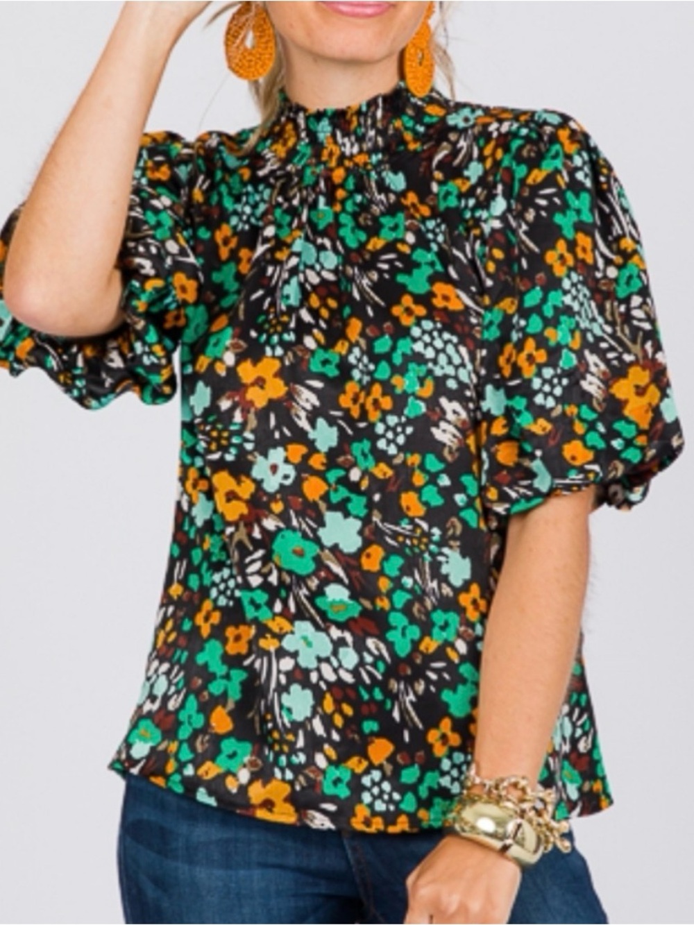 THML Anise Floral Puff-Sleeve Mock Neck Top with Green & Orange Accents